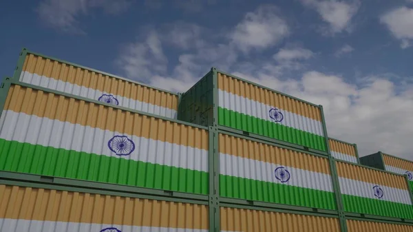 Indyjskie Kontenery Flagowe Znajdują Się Terminalu Kontenerowym Koncepcja Eksportu Lub — Zdjęcie stockowe