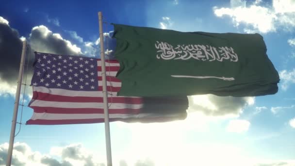 Saudiarabien Och Usa Flaggar Flaggstången Saudiarabien Och Usa Viftar Med — Stockvideo