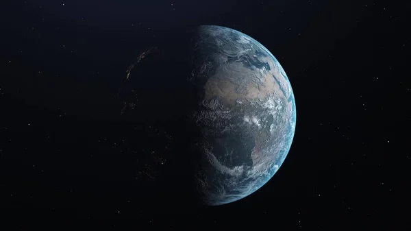 Planet Earth from outer space. Realistic transition from night to day. 3d illustration.