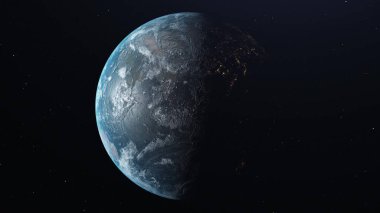 Uzayda dönen ve uzaklaşan gerçekçi Dünya, arka plandaki yıldızlar. 3d illüstrasyon.