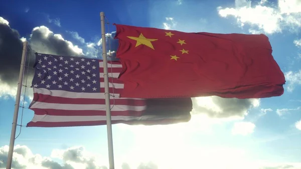 Флаг Китая Сша Флагштоке Китай Сша Размахивают Флагом Ветру Дипломатическая — стоковое фото