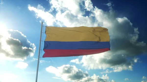哥伦比亚国旗迎风飘扬 迎着美丽的蓝天飘扬 3D说明 — 图库照片