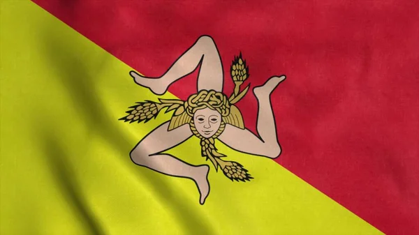 Sicily region flag, Italy, waving in the wind, background. 3d illustration.