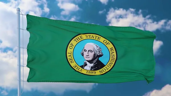 Washington Staat Vlag Een Vlaggenmast Zwaaiend Wind Blauwe Lucht Achtergrond — Stockfoto