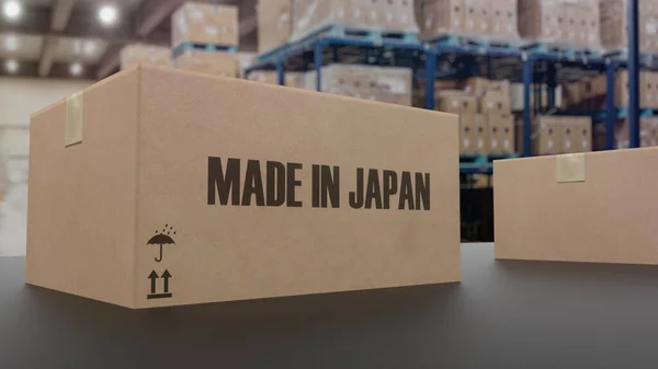 Made Japanのテキストをコンベアに乗せたボックス 3Dイラスト — ストック写真