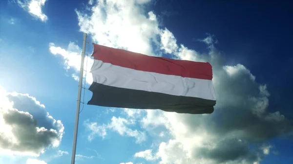 Jemen Zászlója Lobogott Szélben Gyönyörű Kék Ellen Illusztráció — Stock Fotó