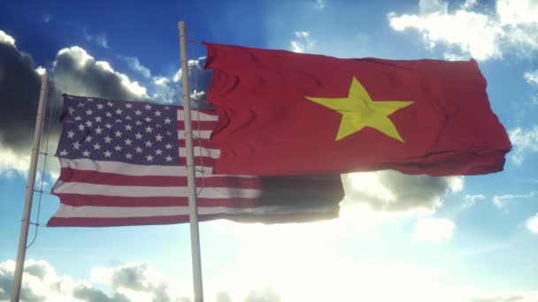 Vietnam Verenigde Staten Vlag Vlaggenmast Vietnam Zwaaien Met Vlag Wind — Stockvideo