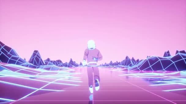 Astronaut Runs Surrounded Flashing Neon Lights Retro 80S Style Synthwave — Stock Video
