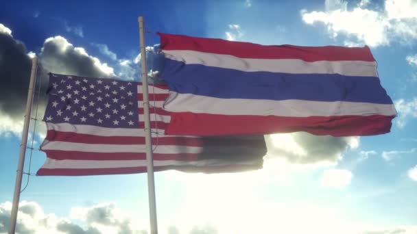 Die Flagge Thailands Und Der Vereinigten Staaten Hängt Fahnenmast Diplomatisches — Stockvideo