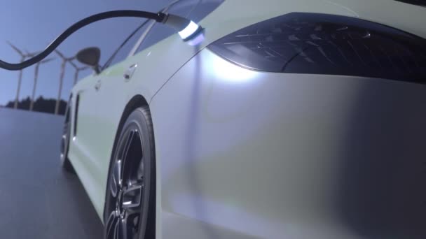 Mavi Arka Planda Elektrikli Araba Şarj Oluyor Araba Yel Değirmeninin — Stok video
