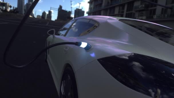 Carga Carro Elétrico Cidade Porta Carregamento Veículo Elétrico Conectando Carro — Vídeo de Stock