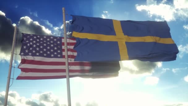 Flaga Szwecji Stanów Zjednoczonych Maszcie Flagowym Koncepcja Dyplomatyczna Szwecji Stanów — Wideo stockowe
