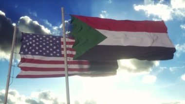 Bayrak direğinde Sudan ve Birleşik Devletler bayrağı. Sudan ve ABD rüzgarda bayrak sallıyor. Sudan ve ABD diplomatik konsepti.