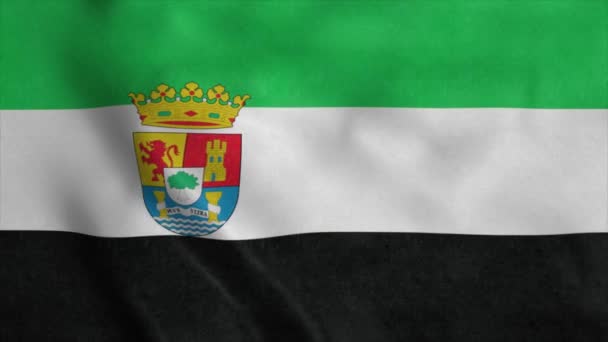 エクストレマドゥーラの旗 スペイン 風に手を振って 現実的な背景 — ストック動画