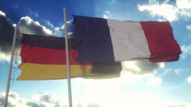 Bayrak direğinde Fransa ve Almanya bayrağı. Fransa ve Almanya rüzgarda bayrak sallıyor. Fransa ve Almanya diplomatik kavramı.