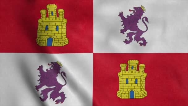 Kastilien Och Leon Flagga Spanien Vinka Vinden Realistisk Bakgrund — Stockvideo