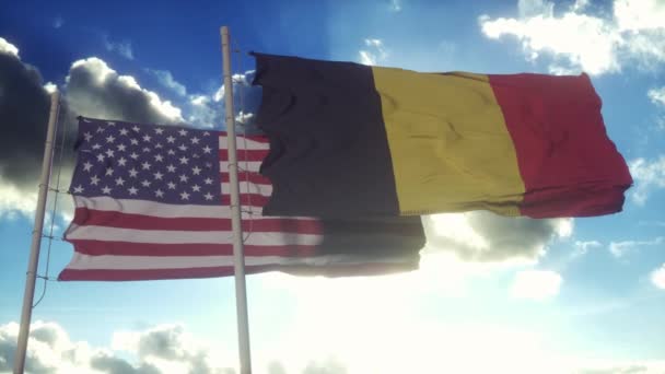 Belgium Egyesült Államok Zászlórúdra Tűzve Belgium Usa Zászlót Lengetnek Szélben — Stock videók