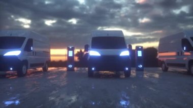 Elektrikli araba şarj oluyor. Modern elektrik dağıtım aracı şarj istasyonunda şarj edilir..