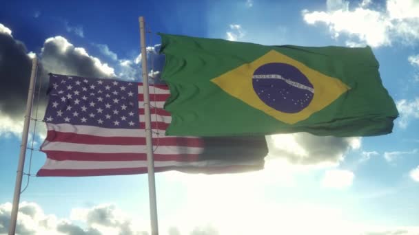 Bandiera Brasile Stati Uniti Pennone Brasile Stati Uniti Sventolano Bandiera — Video Stock