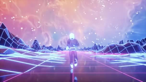 Astronauta Corre Rodeado Por Luzes Néon Intermitentes Conceito Música Discoteca — Vídeo de Stock