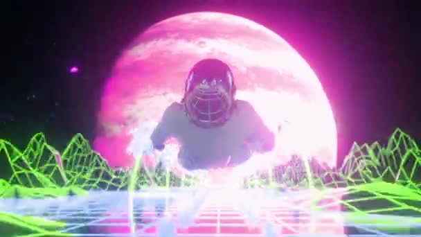 ネオンライトが点滅して囲まれた宇宙飛行士 音楽とナイトクラブのコンセプト Retrowave Style — ストック動画