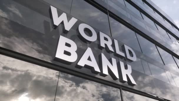Wereldbank Glasbouw Gespiegelde Lucht Stad Moderne Gevel Financieel Concept — Stockvideo