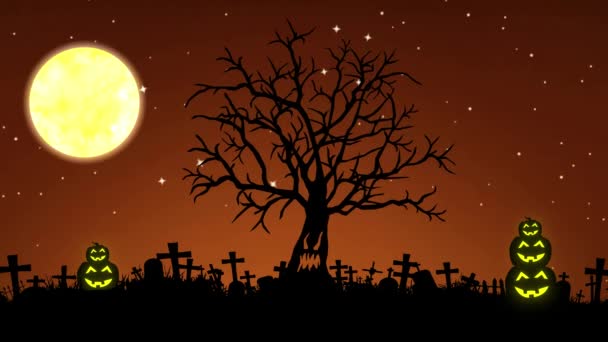 Przerażająca Noc Halloween Tła Animacji Gwiazdami Księżyc Drzewa Dynie Animacja — Wideo stockowe