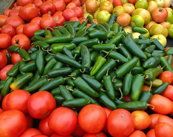 Jalapeños verdes y tomates rojos — Foto de Stock