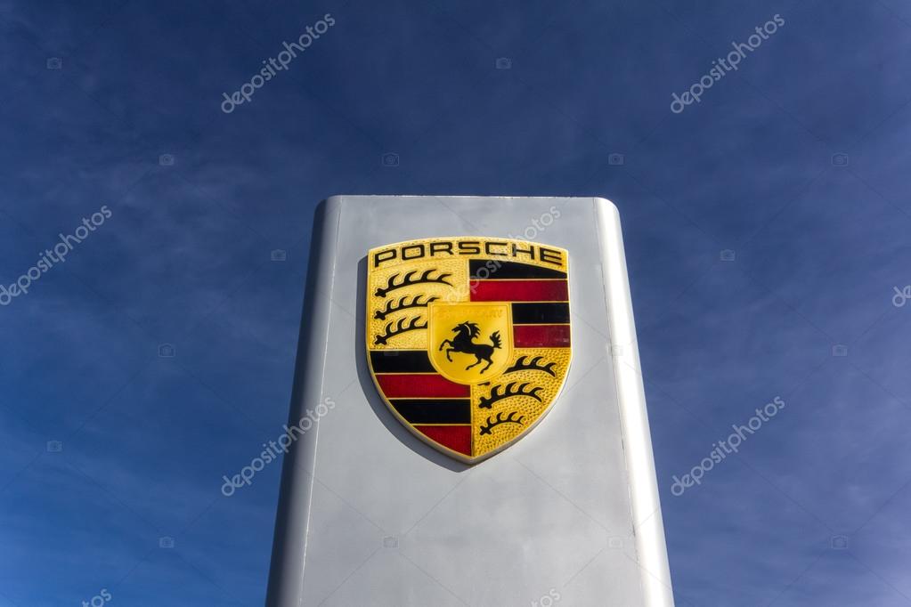 Porsche automobile dealership sign. Porsche Auomobil Holding is a German holding company with investments in the automotive industry.