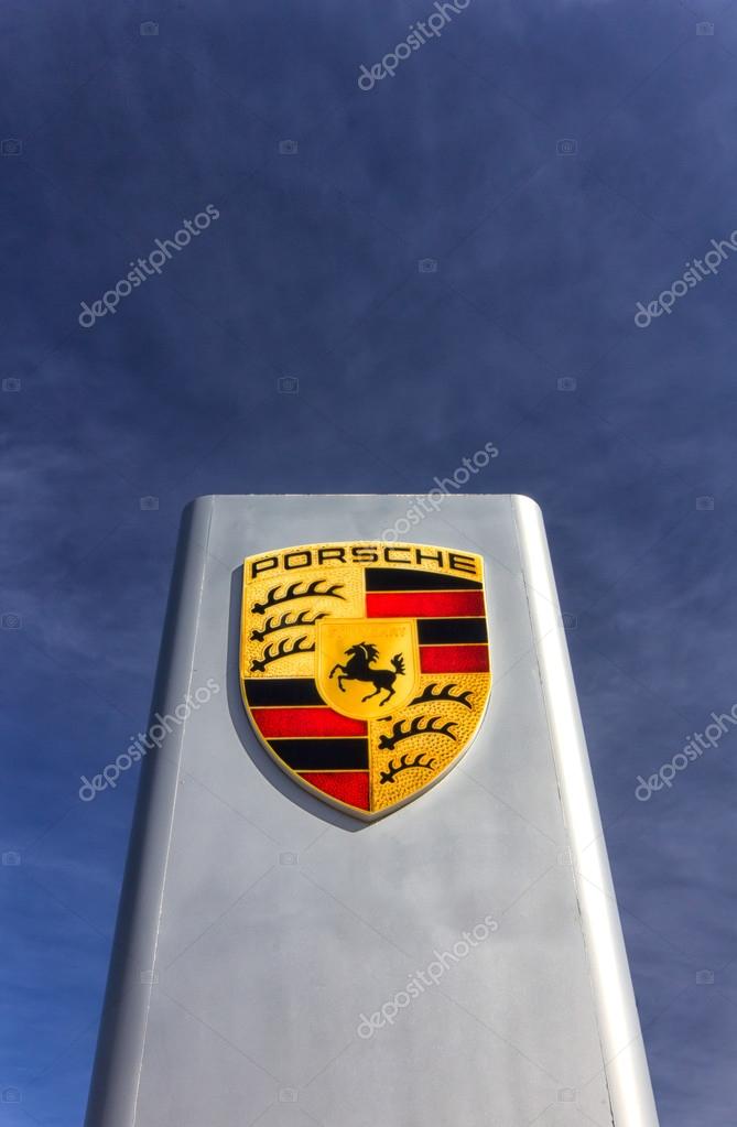 Porsche automobile dealership sign. Porsche Auomobil Holding is a German holding company with investments in the automotive industry.