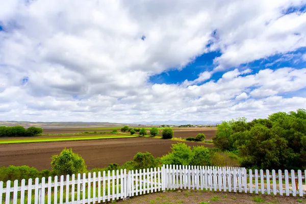 White Picket Fence, Farmland, and Clouds — Stock Photo, Image