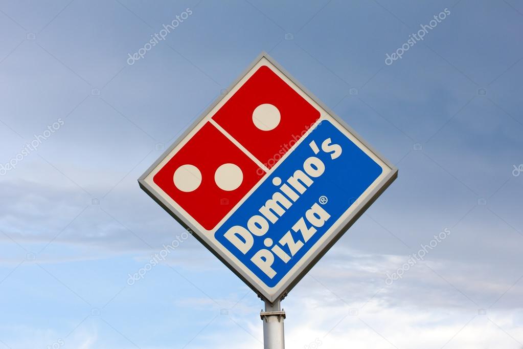 Domino's Pizza restaurant sign. Domino's is the second-largest pizza chain in the United States and the largest worldwide.