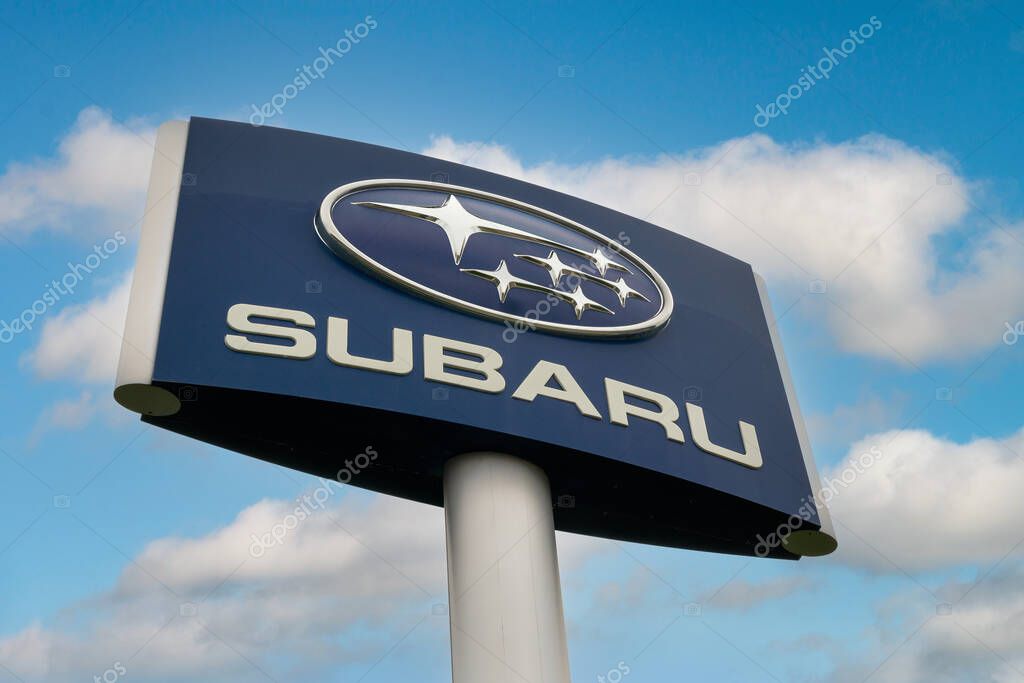 MINNEAPOLIS, MN, USA - JUNE 12, 2022: Subaru automotive dealership and trademark logo.
