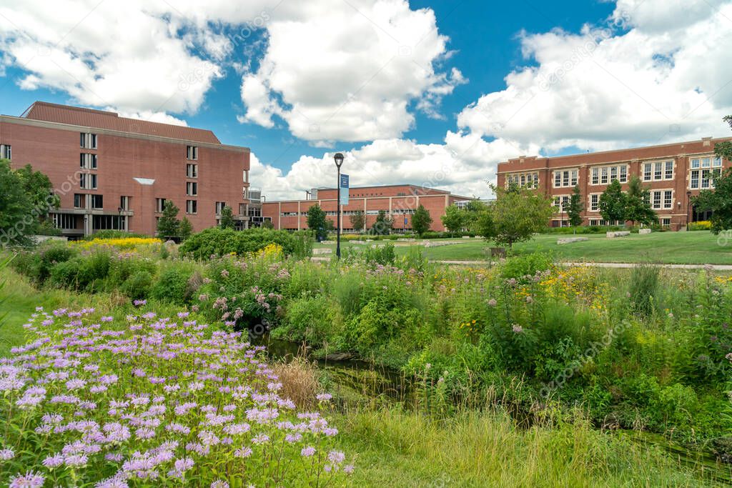 EAU CLAIRE, WI, USA - JULY 24, 2022: Arboretum and campus buildings at the University of Wisconsin-Eau Claire.