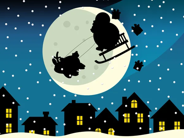 The funny christmas drawing - Santa claus flying over the city and dropping presents
