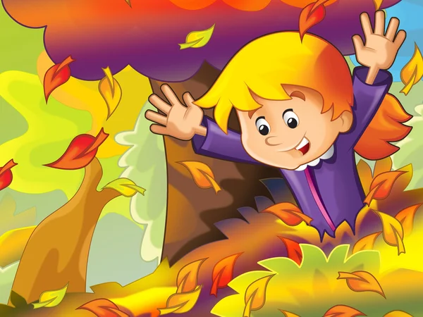 Cartoon kids playing autumn fun — Stock Photo, Image