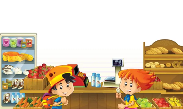 A ilustração da loja com diferentes bens e crianças — Fotografia de Stock