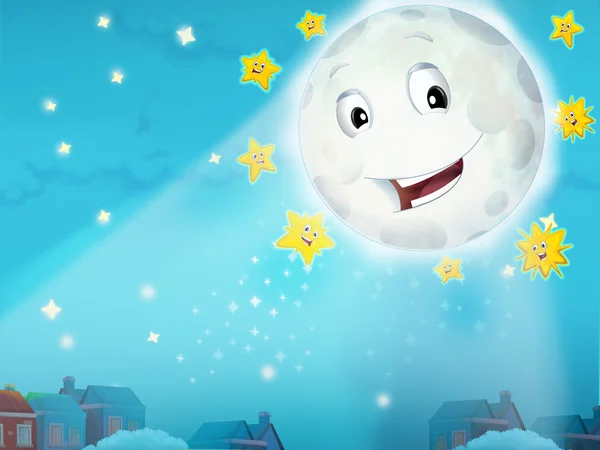Cartoon smiling moon by the night with the stars — Stock Photo, Image