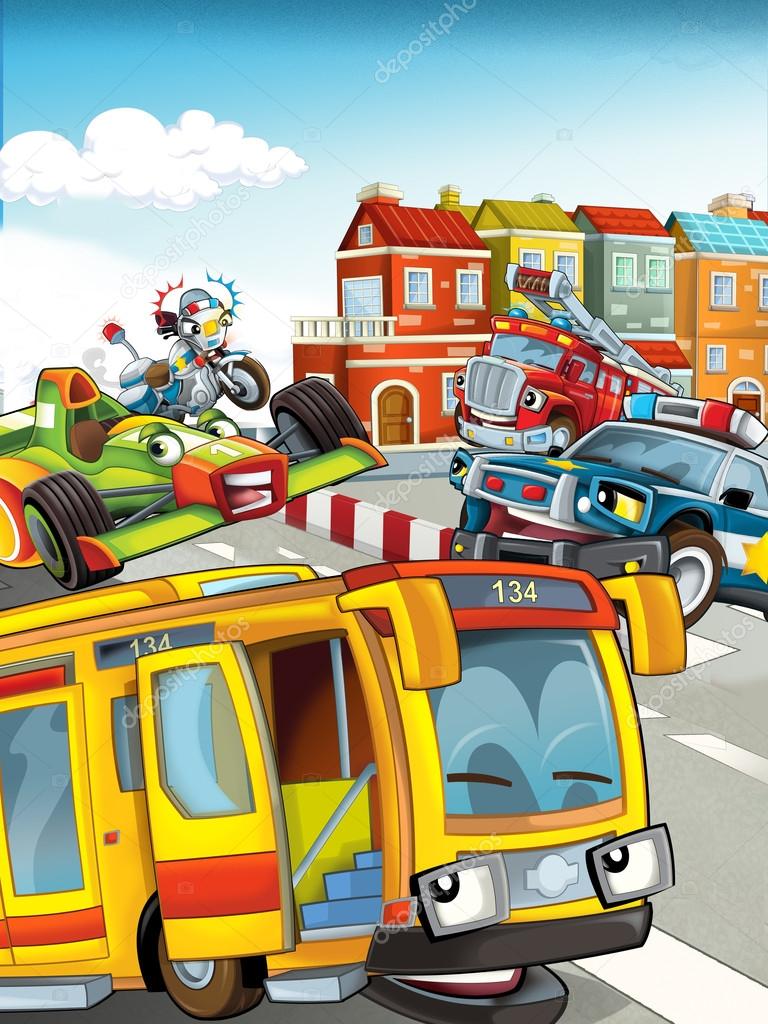 The illustration with many vehicles