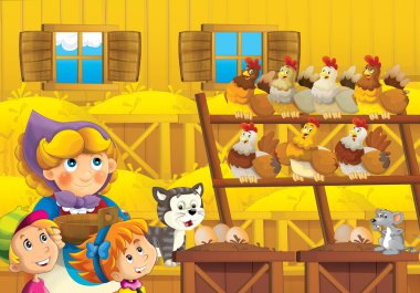 mutlu kümesten yumurta ile çocuklar ve kedi gülümseyen hostes