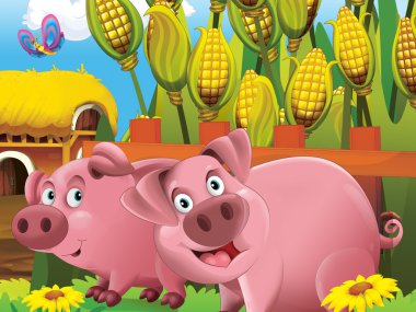 Cartoon pigs playing hide and seek in the field