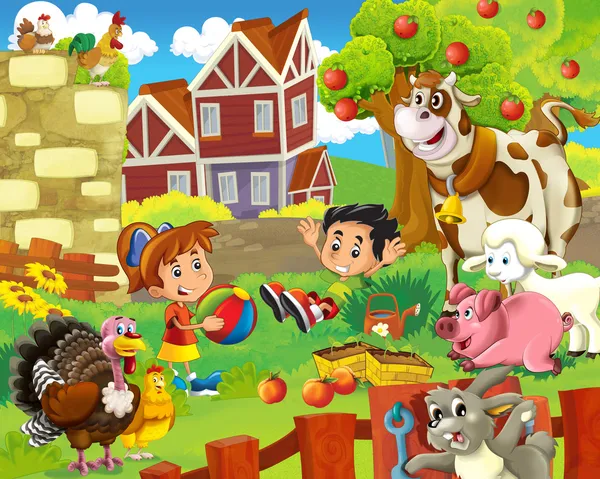 The children on the farm playing with the farm animals 2 — Stock Photo, Image