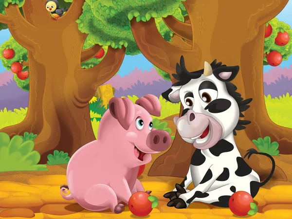 Os porcos dos desenhos animados brincando no pomar e comendo maçãs — Fotografia de Stock