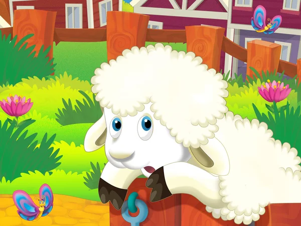 De gelukkig afbeelding met schapen liggen of springen door het hek — Stockfoto