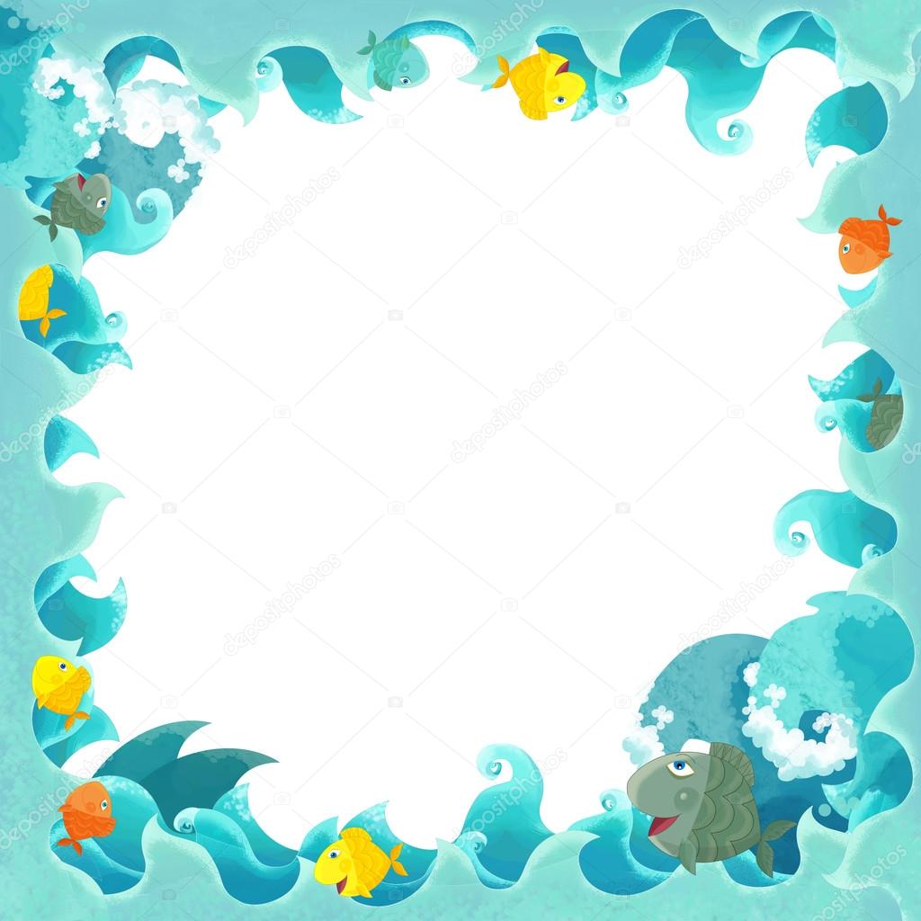 Artistic cartoon frame waves with fishes