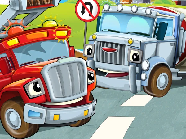 Dvě skladby jsou šťastní - hasičský vůz pomohl v dopravní nehodě — Stock fotografie