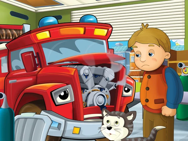 De rode brandweerauto is ziek en te wachten met zijn vrienden voor de auto-dokter voor de auto-arts — Stockfoto
