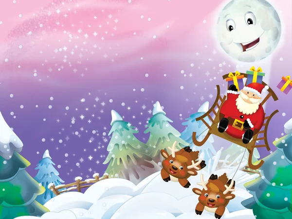 Санта Клаус літає з мішком, повним подарунків — стокове фото