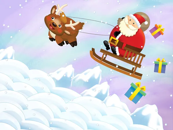 The santa claus sliding with the sack full of presents — Stock Photo, Image