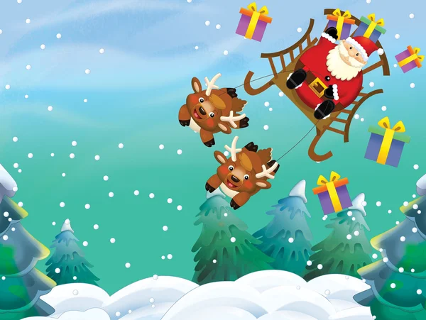 The santa claus flying with the sack full of presents — Stock Photo, Image